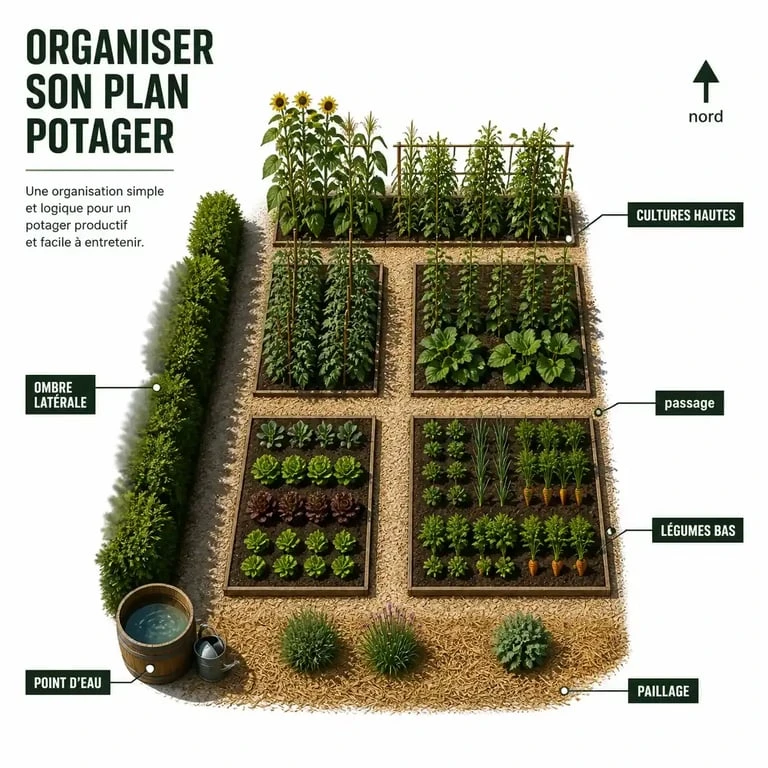 Plan potager débutant illustrant l'organisation des zones, des passages, de l'exposition et du paillage