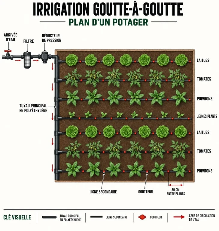 Schéma d'installation goutte à goutte jardinage en peigne dans un potager