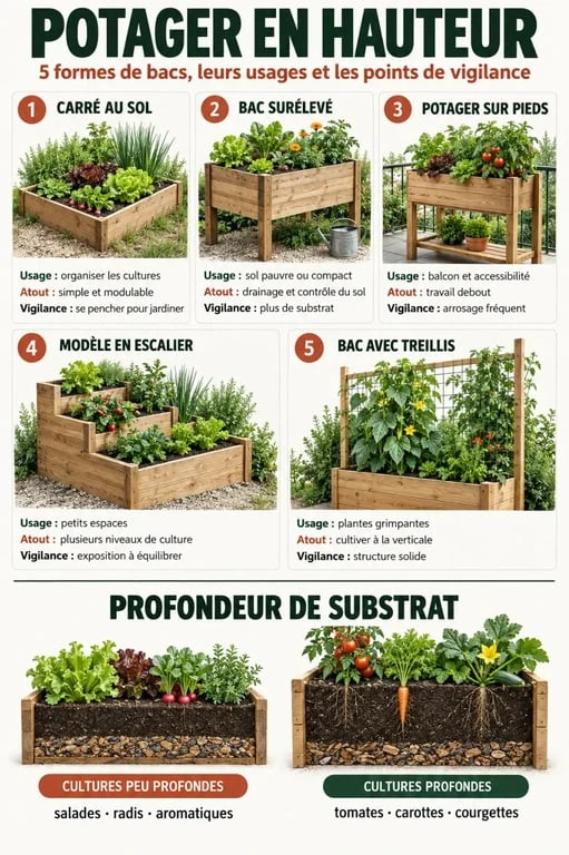 Infographie sur les modèles de potager en hauteur et les profondeurs adaptées aux cultures