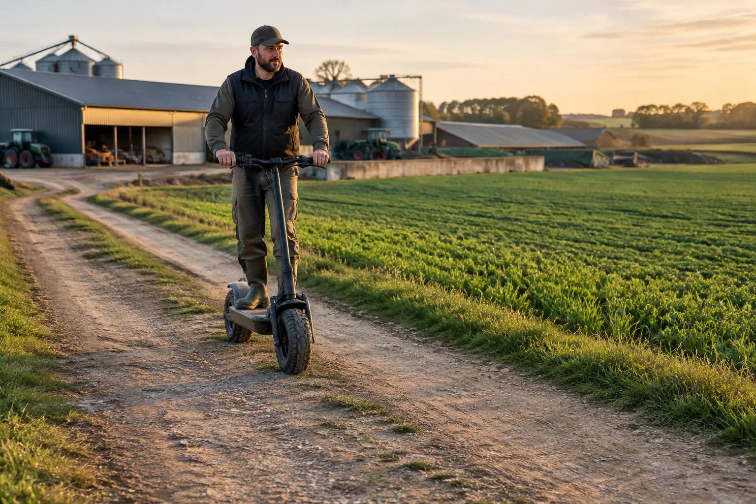 Agriculteur en trottinette electrique tout-terrain entre les parcelles