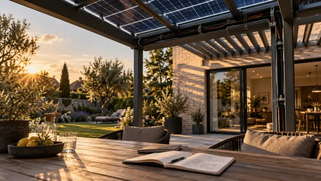 Pergola avec panneau solaire sur terrasse, panneaux photovoltaïques