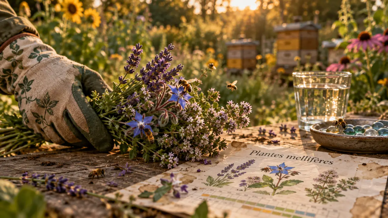 Plante mellifère en fleurs pour abeilles, lavande bourrache thym dans un jardin