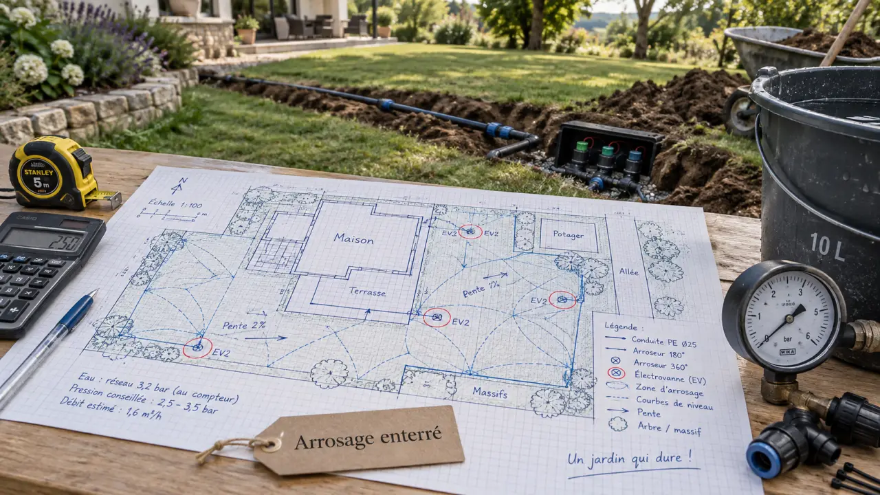 Schéma arrosage automatique enterré : plan de jardin, électrovannes, zones sèches et débit