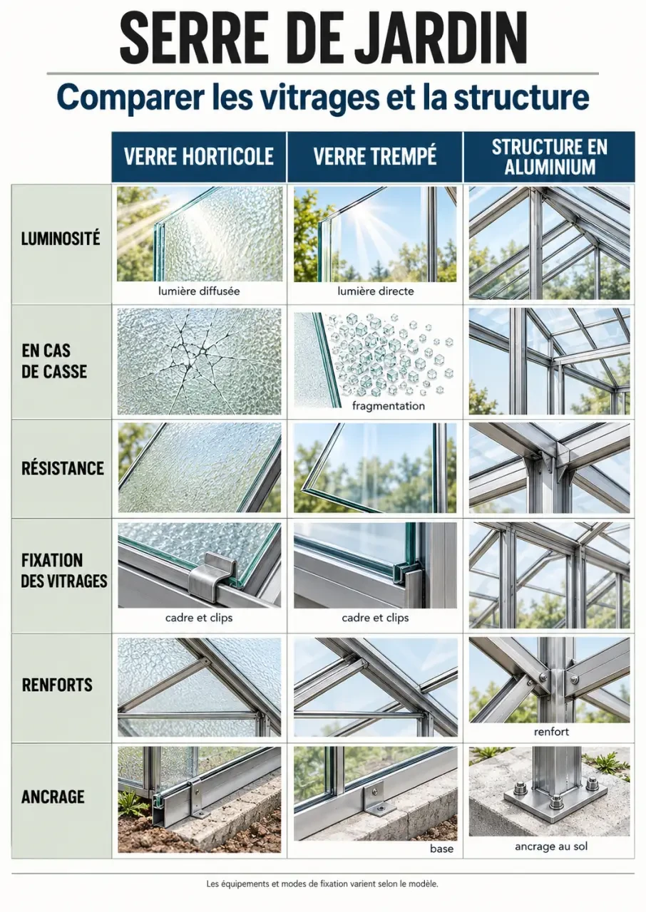 Infographie comparative d’une serre de jardin verre avec vitrage horticole, verre trempé et structure en aluminium