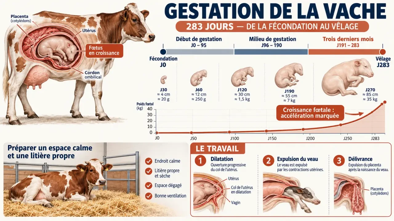 Infographie sur la gestation vache, ses étapes et la préparation du vêlage