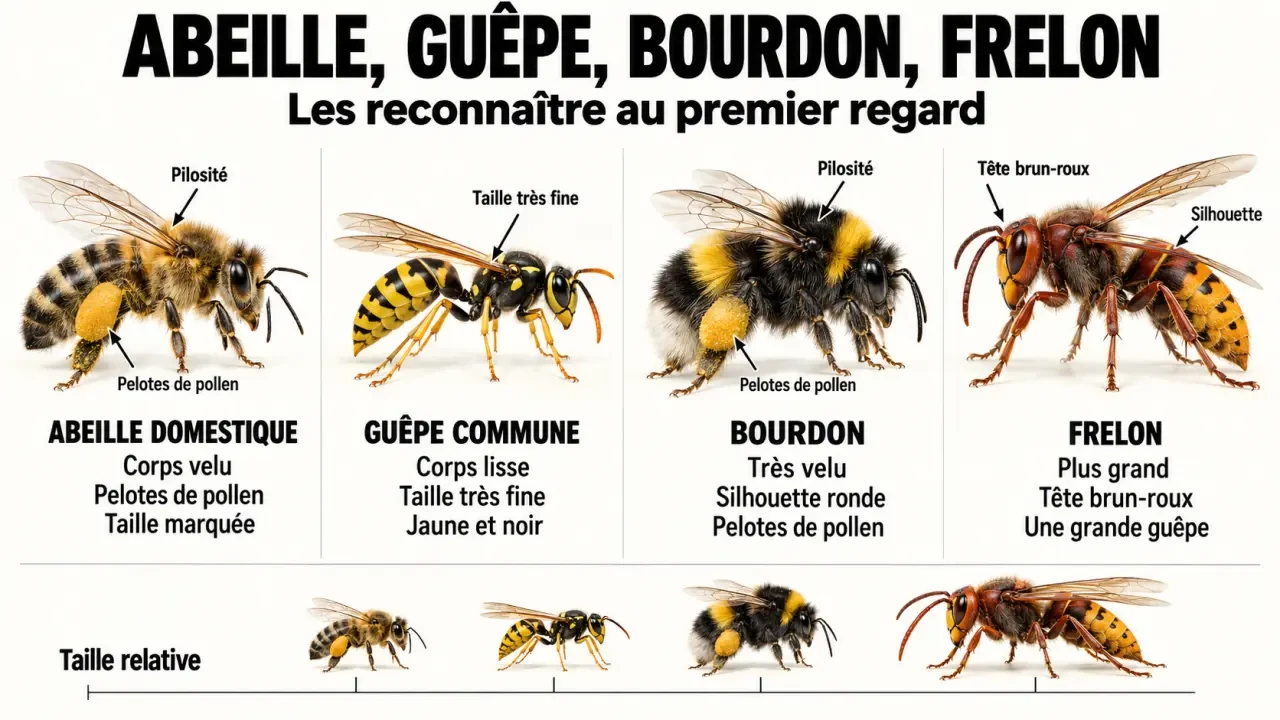 Infographie sur la différence abeille guêpe avec comparaison de l’abeille, de la guêpe, du bourdon et du frelon