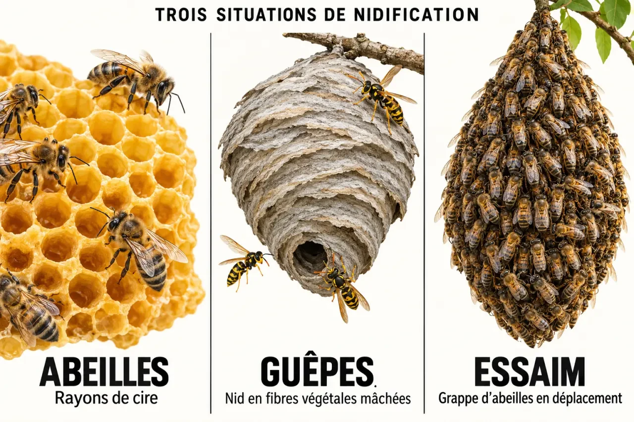 Différence abeille guêpe : reconnaître un rayon de cire, un nid de guêpes en papier et un essaim