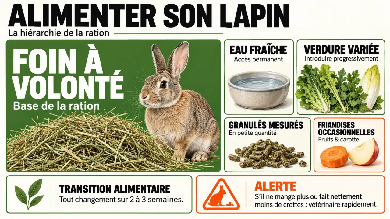 Infographie sur l’alimentation lapin : foin, eau, verdure, granulés, friandises et signes d’urgence