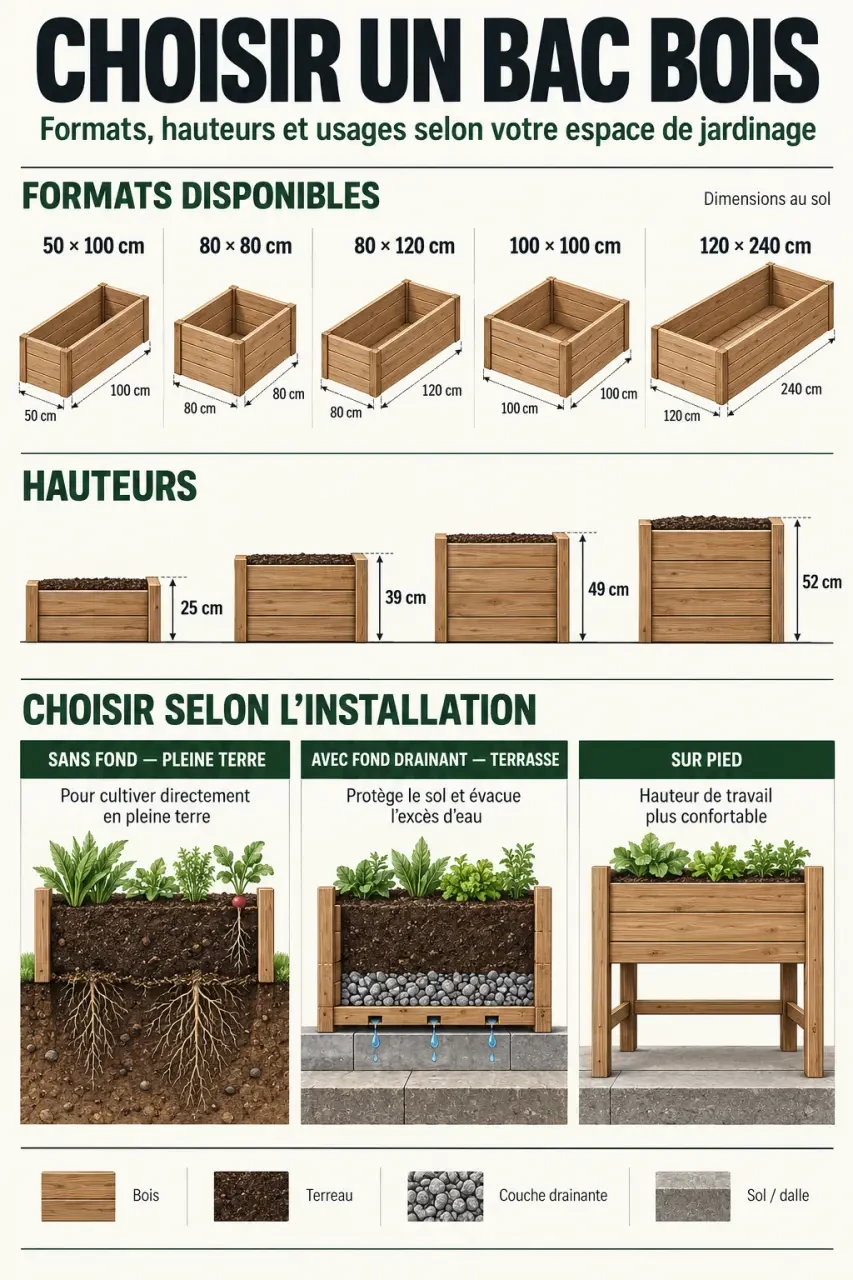 Infographie pour choisir un bac bois pour jardinage selon les dimensions, la hauteur et le type de terrain