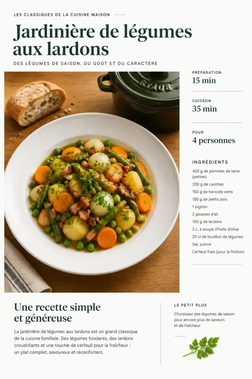 Assiette de jardinière de légumes aux lardons et cerfeuil, servie en plat complet