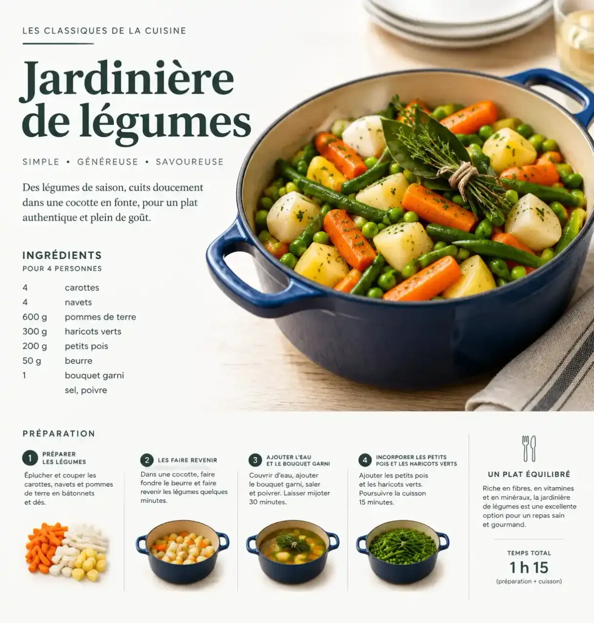 Jardinière de légumes fumante dans une cocotte avec carottes, navets, haricots verts et petits pois