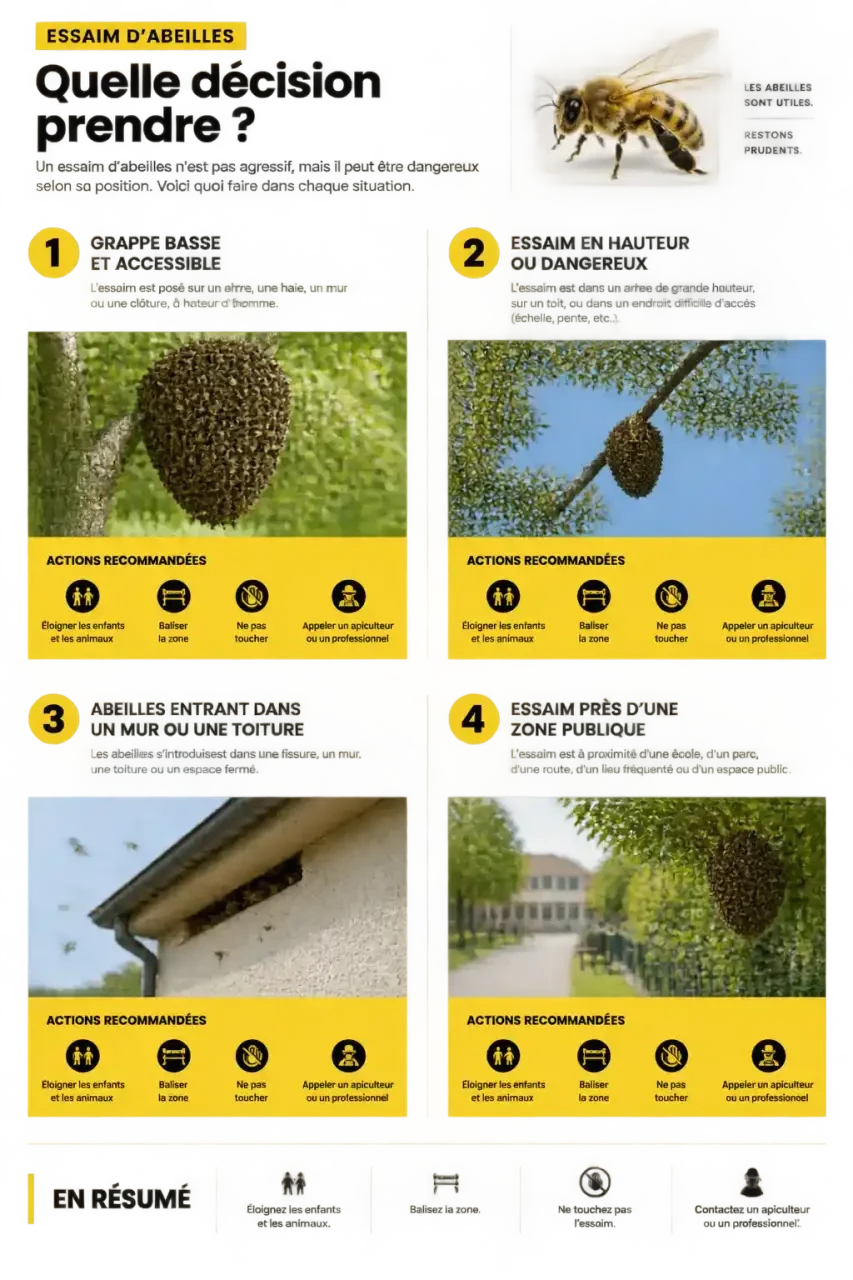 Infographie sur les bons réflexes face à un essaim d’abeille