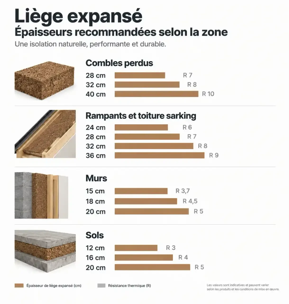 Épaisseurs et résistances thermiques de l'isolation thermique par le liège selon la zone : combles, toiture, murs et sols