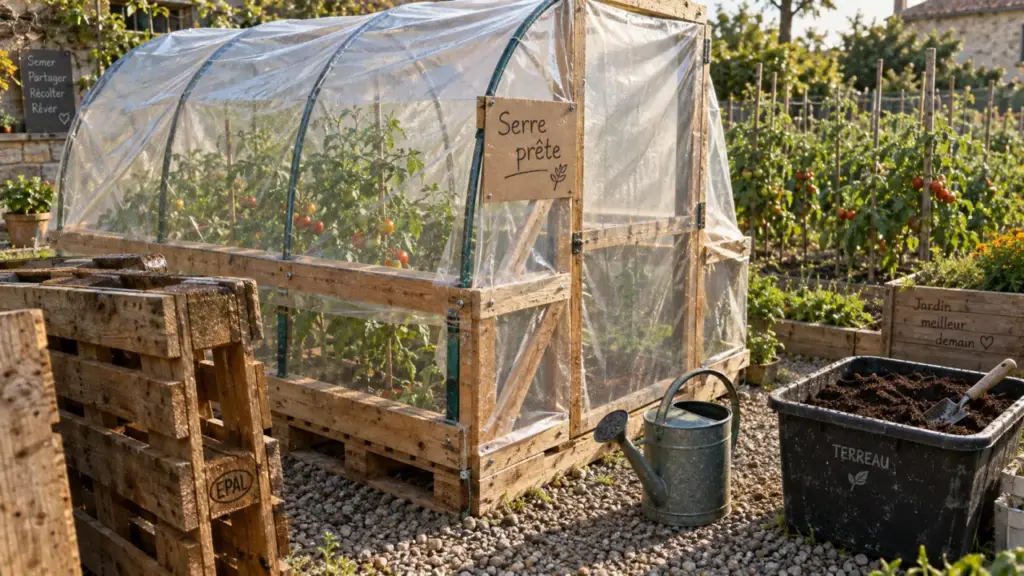 Fabriquer une serre de jardin : petite serre en construction, bâche tendue