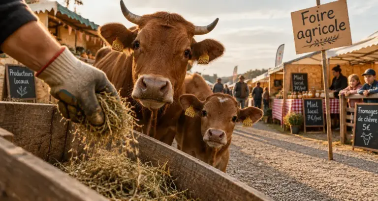 Foire agricole : main gantée verse du foin, vache et veau