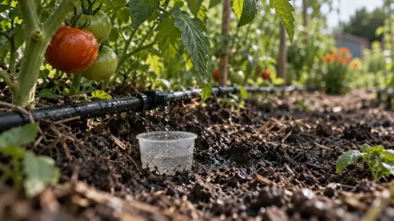 Goutte a goutte tomates : tuyau et goutteurs près des racines, humidité évitant le cul noir
