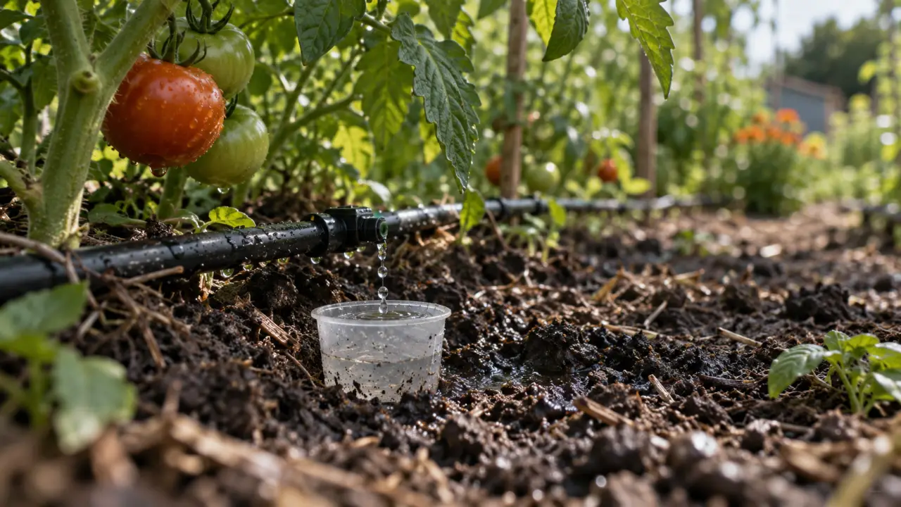 Goutte a goutte tomates : tuyau et goutteurs près des racines, humidité évitant le cul noir