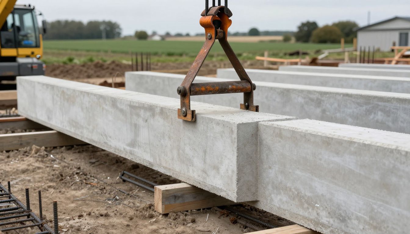 Longrine en béton préfabriquée levée par une pince de grue sur un chantier de bâtiment agricole