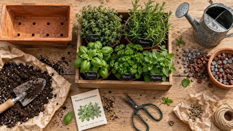 Potager aromatique : thym, romarin, basilic, persil et menthe au soleil
