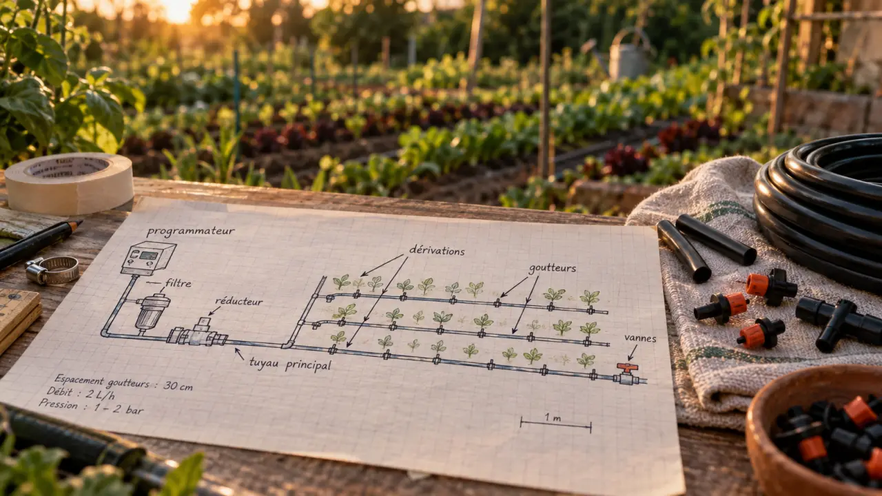 Schéma arrosage automatique goutte goutte : calcul débit et tracé lignes