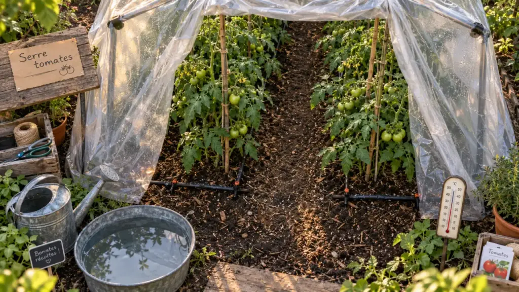 Tomates sous serres : goutte-à-goutte, thermomètre et plants de tomates verts.