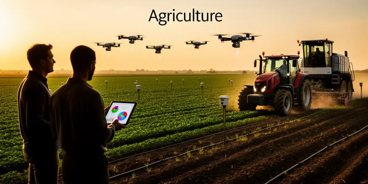champ agricole moderne 2026 avec drone capteurs machines connectées