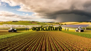 Vue exploitation agricole moderne 2026, champs, serres, panneaux solaires