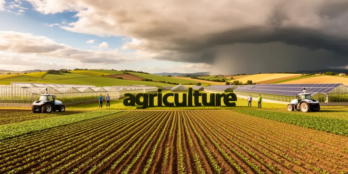 Vue exploitation agricole moderne 2026, champs, serres, panneaux solaires