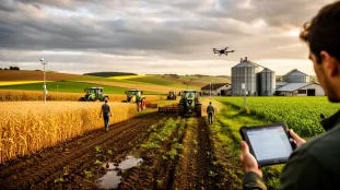Paysage agricole 2026 avec champs, objets connectés