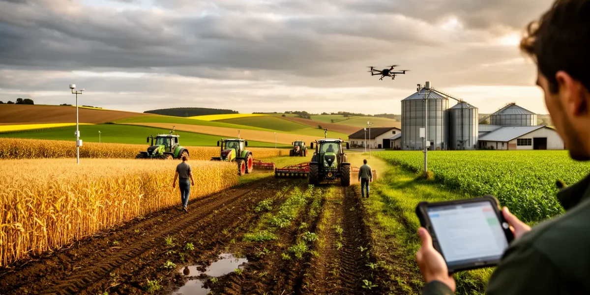 Paysage agricole 2026 avec champs, objets connectés
