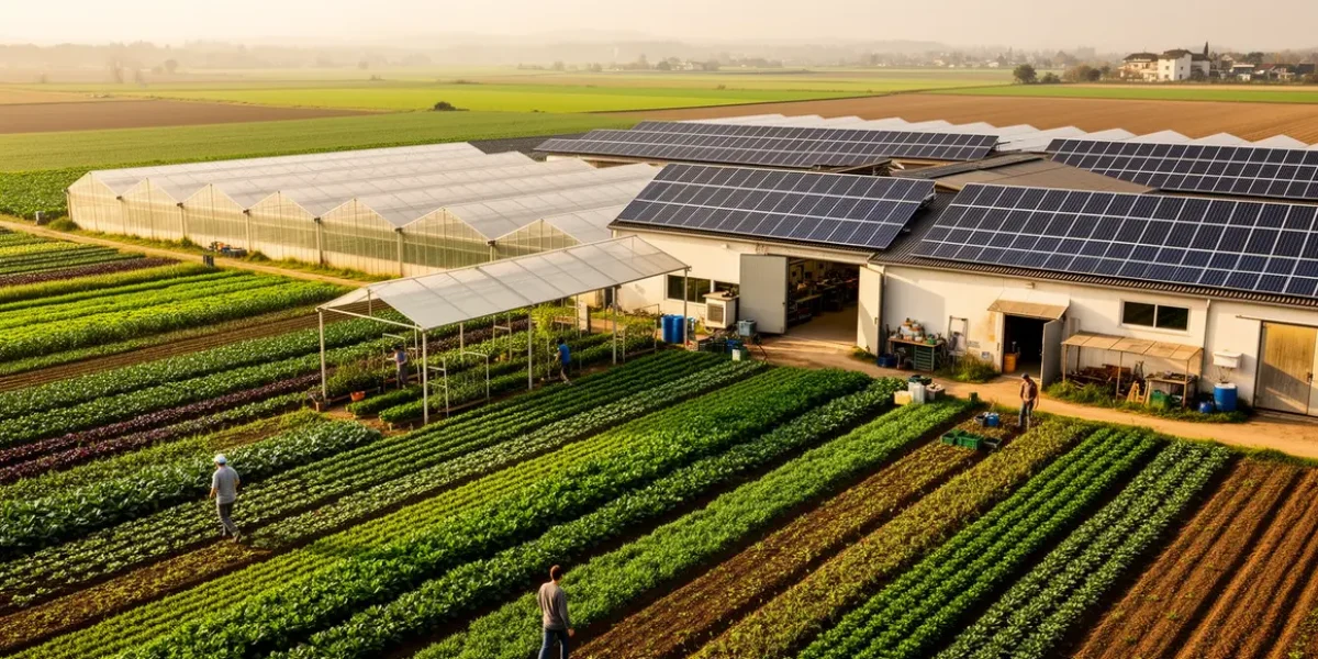 exploitation agricole moderne avec serres panneaux solaires
