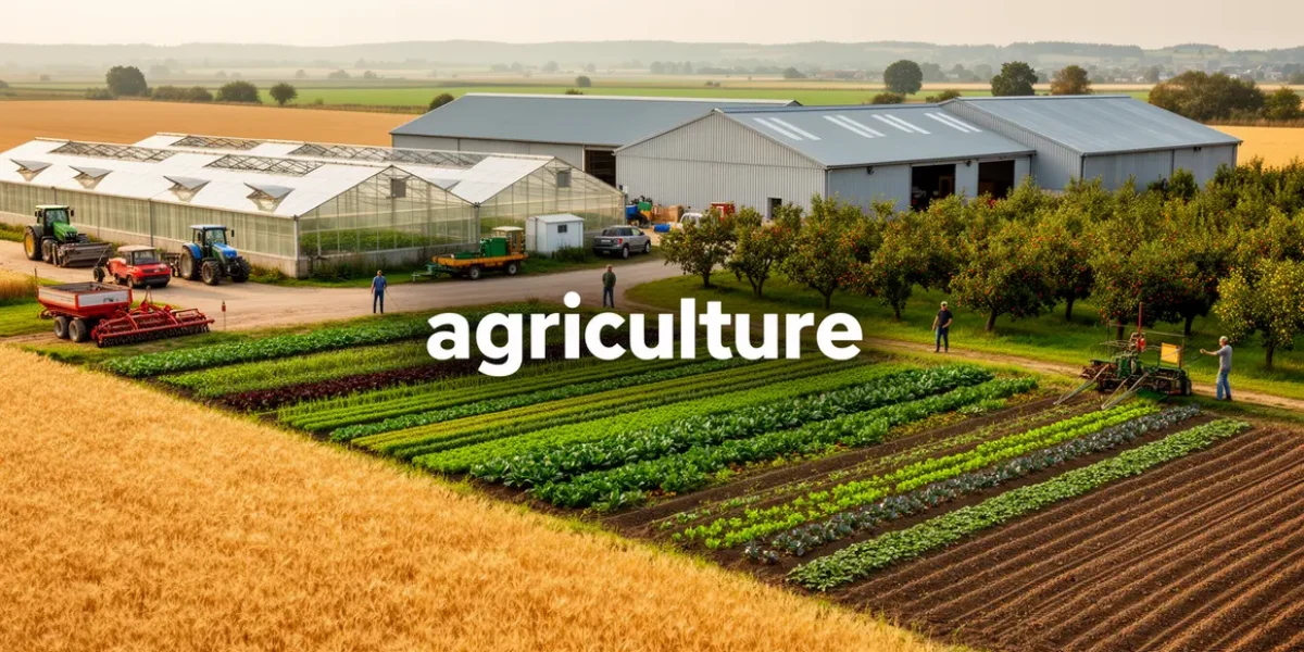 Vue panoramique d'une ferme moderne avec serres et cultures diverses