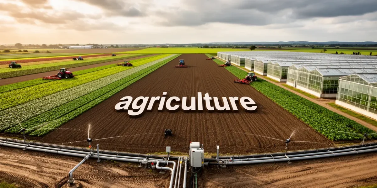 exploitation agricole moderne sous ciel nuageux