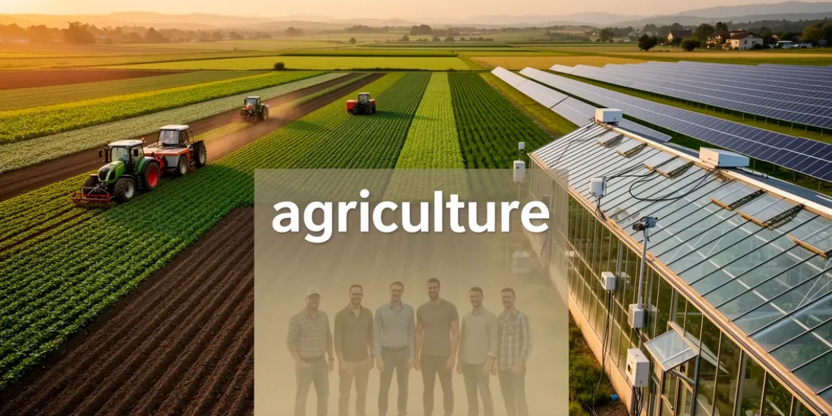 Paysage agricole moderne avec innovations et agriculteurs