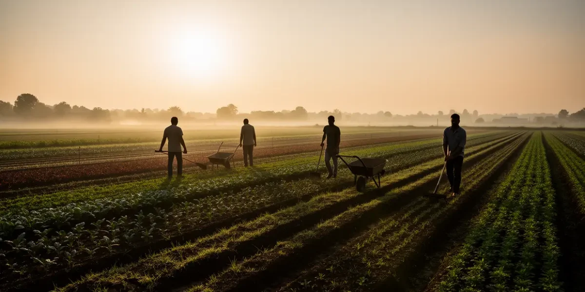 panorama champ lever du soleil et fermiers agriculture questions