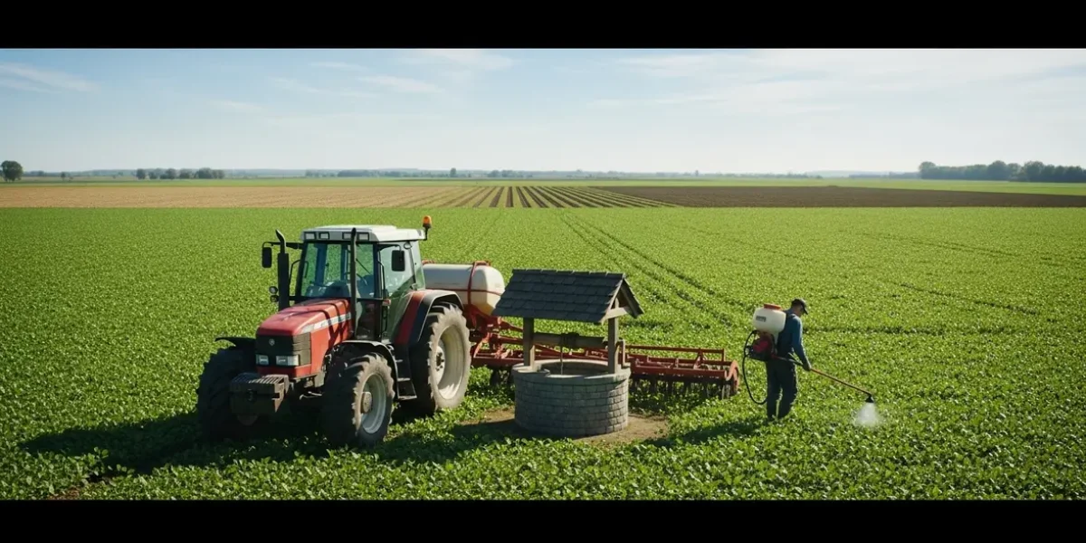 Vue stylisee ferme application soigneuse glyphosate