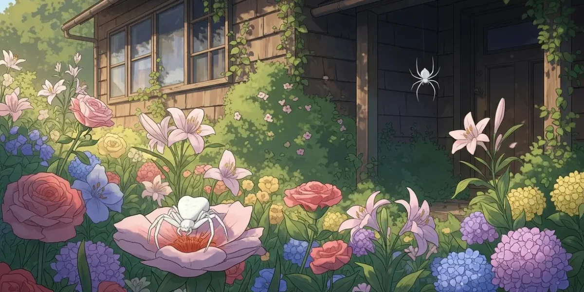 Illustration araignees blanches au jardin et maison