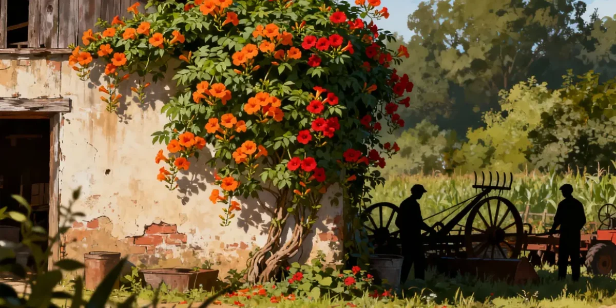 Bignone grimpante mur ferme fleurs abondantes outils