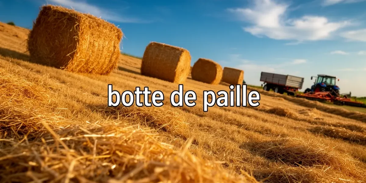 botte de paille en champ avec outils agricoles