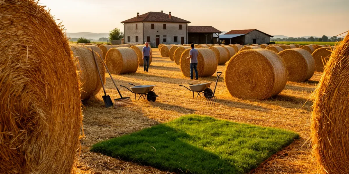 Bottes de paille alignées sur champ rural
