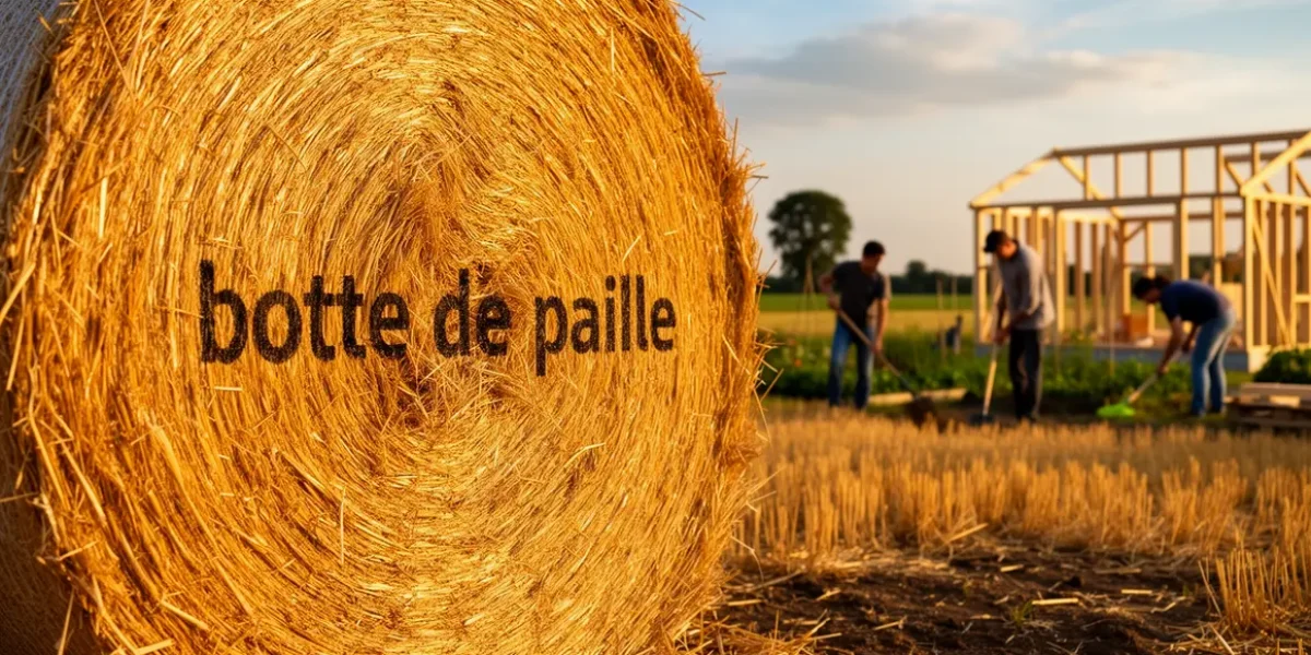 Gros plan botte de paille avec silhouettes jardinage et construction