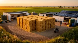 Vue rurale de bottes de paille au champ dans une ferme écologique