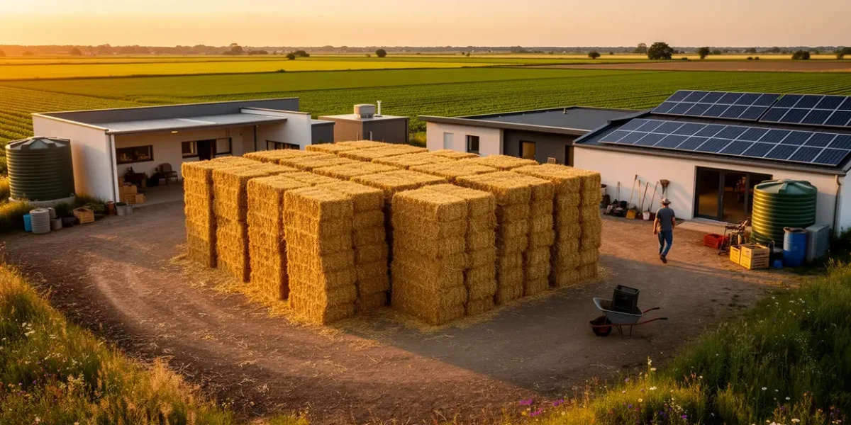 Vue rurale de bottes de paille au champ dans une ferme écologique