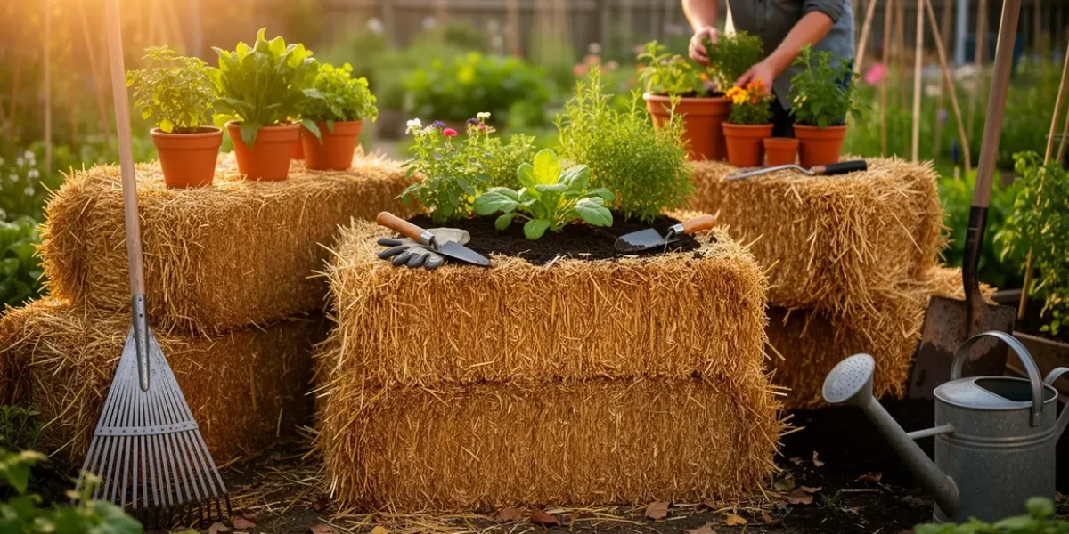botte de paille au centre du jardin avec outils et plantations
