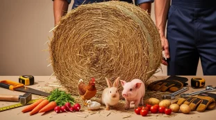 Photo botte de paille avec outils legumes animaux