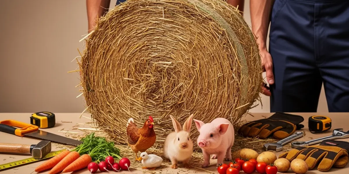 Photo botte de paille avec outils legumes animaux