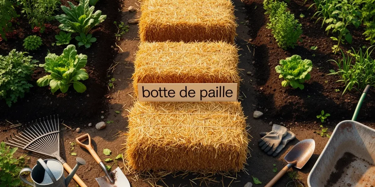 Botte de paille dorée utilisée dans un potager, entourée d'outils, photo réaliste