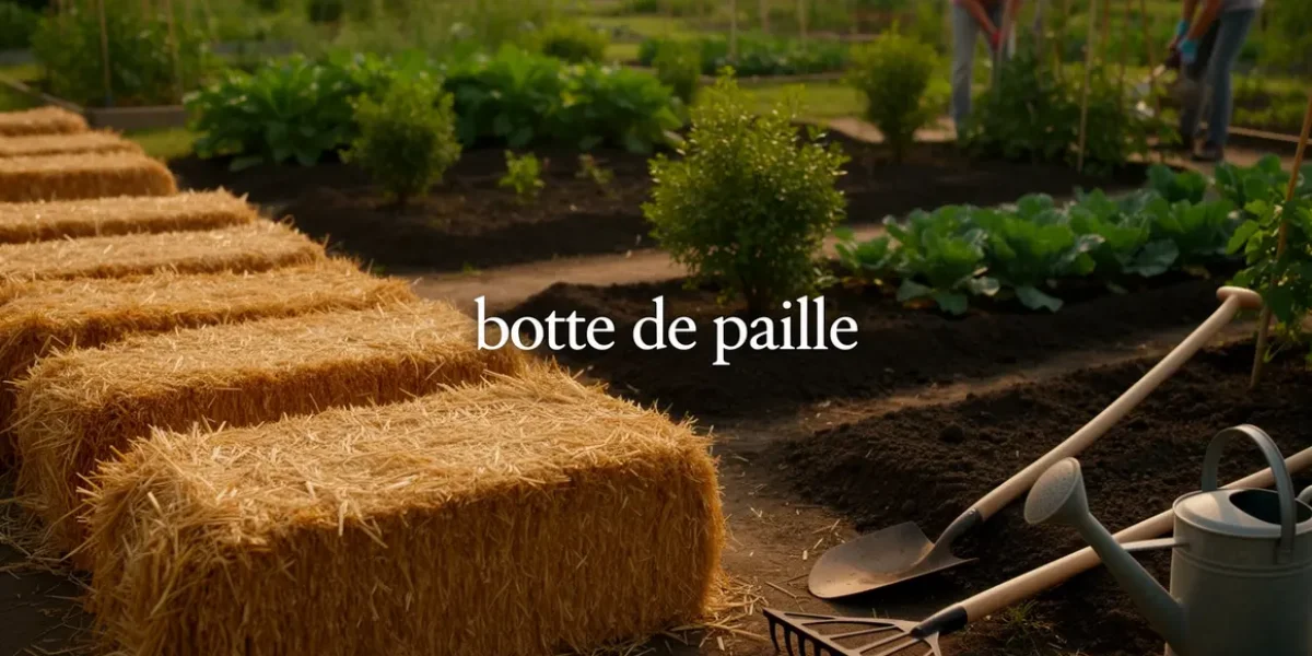 Vue potager avec bottes de paille et outils