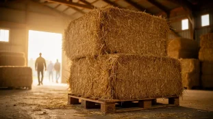 Stockage de bottes de paille sur palettes en grange
