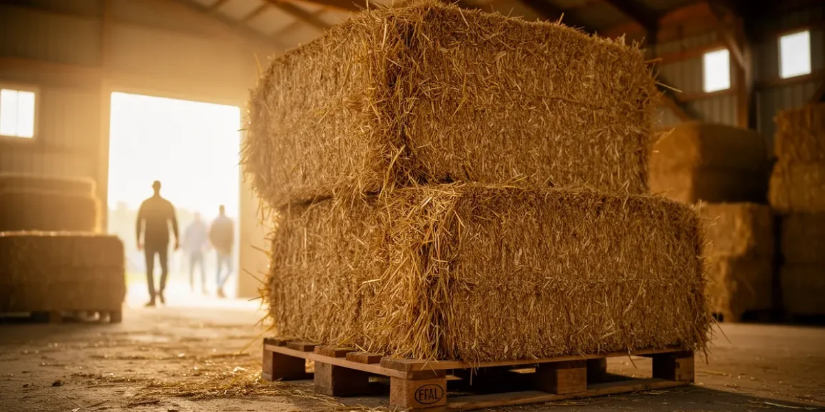 Stockage de bottes de paille sur palettes en grange